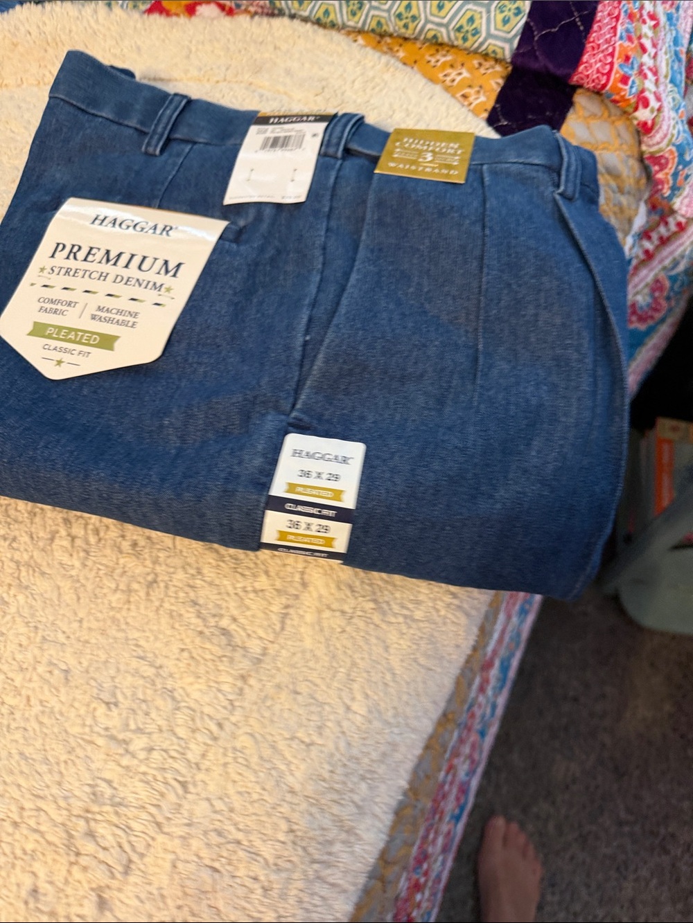 Haggar Dark Blue Premium Stretch Denim Pleated Pants